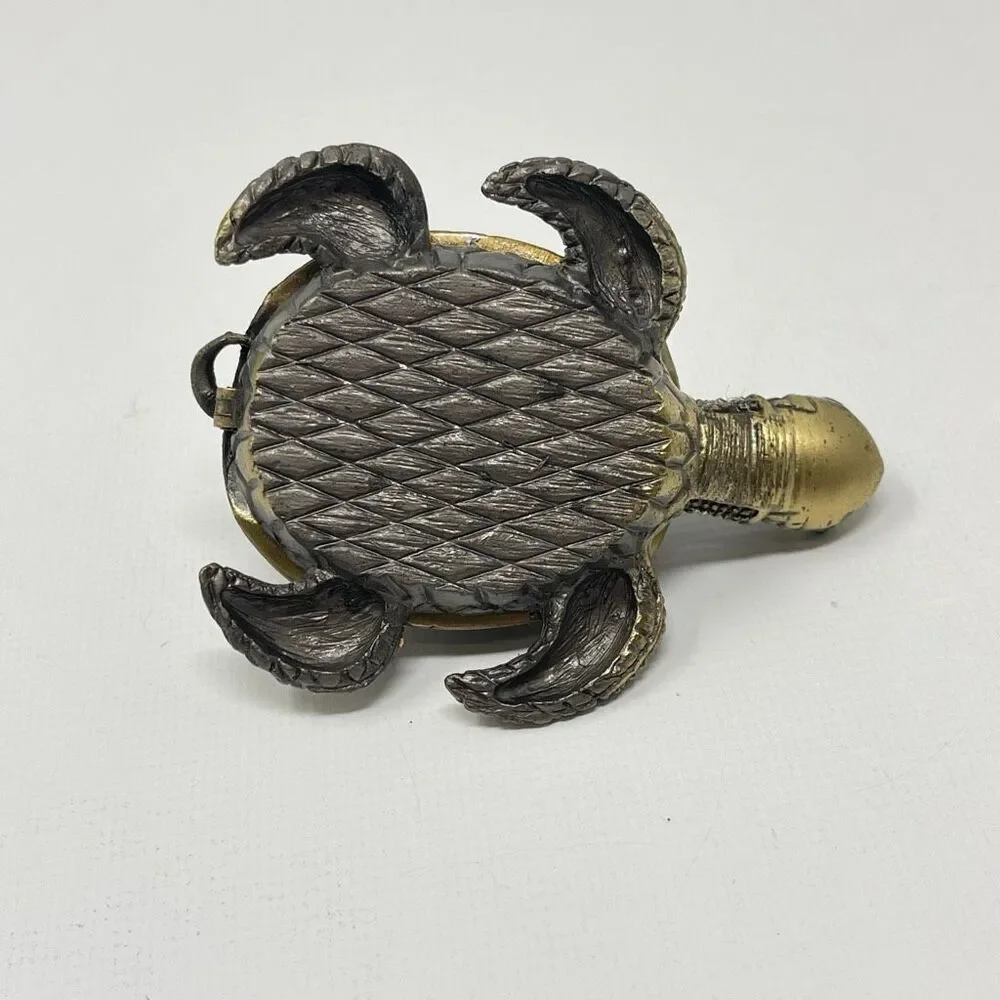 Sea Turtle & Baby Rhinestone Enamel Metal Trinket Pill Ring Box Hinged Magnetic